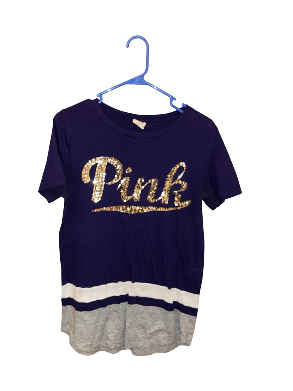 Pink Sequin Logo Short Sleeve Tee Navy & Gold by PINK Victoria's Secret S